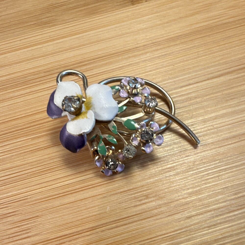 Vintage Purple Pansy Floral Painted Gold-Tone Pin Brooch